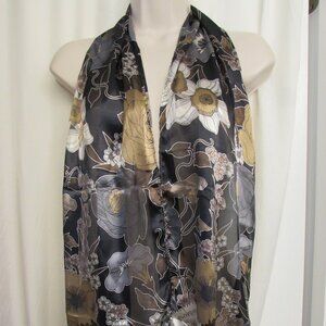 Vintage Cejon Brown Black White Floral Rectangular Scarf 9" x 63"